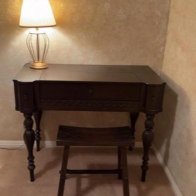 Dark Wood Secretary And Lamp