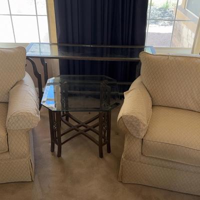 Beige Upholstered Chairs (2) and Two Tables