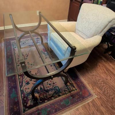 Ivory & Beige Swirl Print Upholstered Armchair & Glass Top/Metal Base Table/Desk & Area Rug