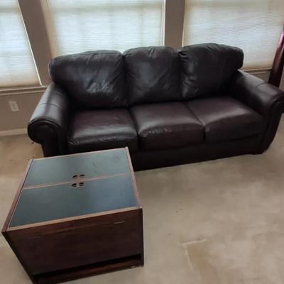 Brown Leather Sofa & MCM Danish Cube Box Bar