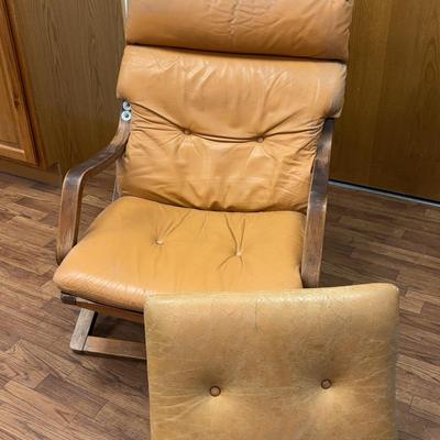 Wicker, Wood, & Tan Leather Danish Lounge Chair + Bonus Cushion
