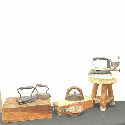 Antique Primitive Sad Irons and Vintage Wooden Stool and Containers 