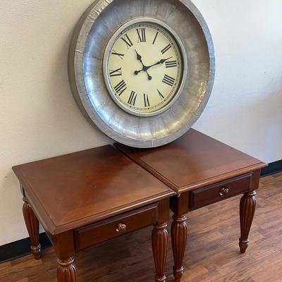Two Wooden End Tables & Battery Powered Decor Clock