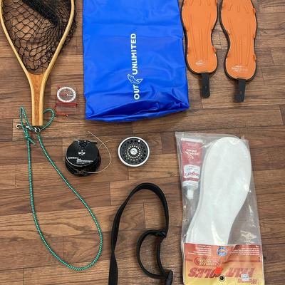 Assortment of Fishing Supplies, Trout Unlimited Dry Bag, System Two Reel Angler & Soles Compass  