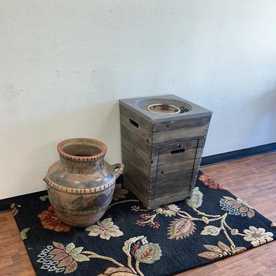 Lot Large Ceramic Pot, Wool Rug & Propane Fire Ring 
