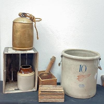 Red Wing Stoneware Piece with Handles and Vintage Primitive Decor Items 