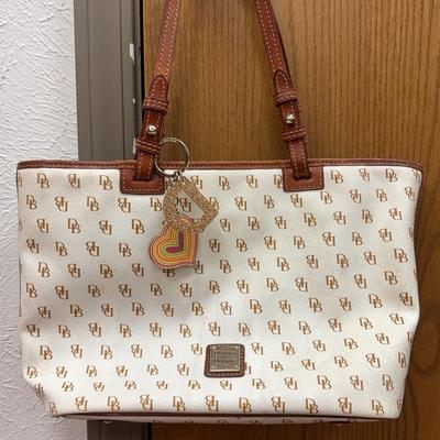Dooney & Bourke Gretta Flynn White Leather DB Printed Double Handle Tote Bag