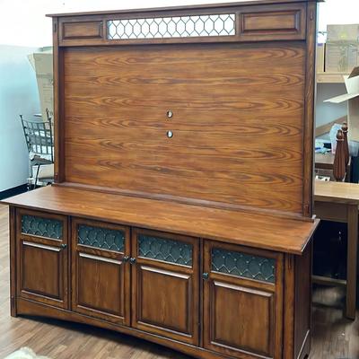 Wooden TV Stand Leaded Stained Glass Style Accents 
