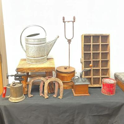 Antique Primitive Lot Wooden Stool Antique Peppermill Advertising Etc