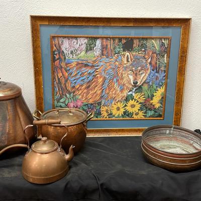 Copper Style Decor Pots, Watering Can & Wolf Art Piece 