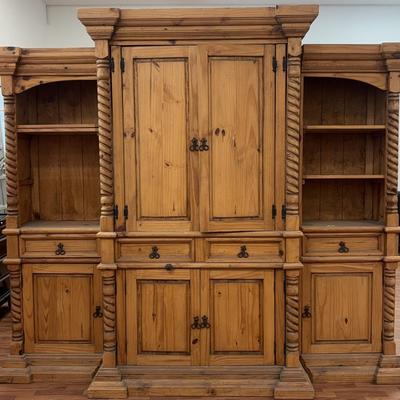 Large Solid Wood 3 Piece Entertainment Center With Hand-Forged Iron Hardware