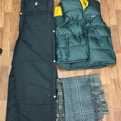 Carhartt Heavy Duty Overalls Sz 36/30 Patagonia Green/Yellow Reversible Down Vest + 2 Scarves 