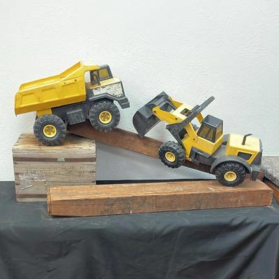 Vintage Tonka Collectible Dump Truck and Digger Plus Antique Wood Pieces