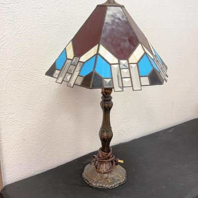 Vintage Tiffany Style Stained Glass Lamp With Ornate Metal Base