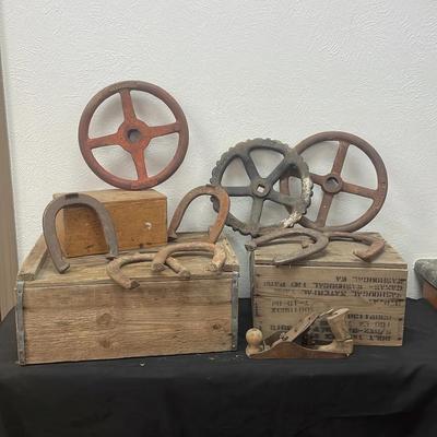 Antique Primitive Wooden Crates and Horseshoes 