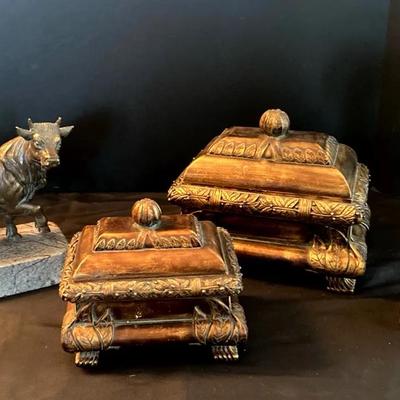Bronze Bull Statue , Egyptian Bronze & Marble Statue, Two Decorative Boxes