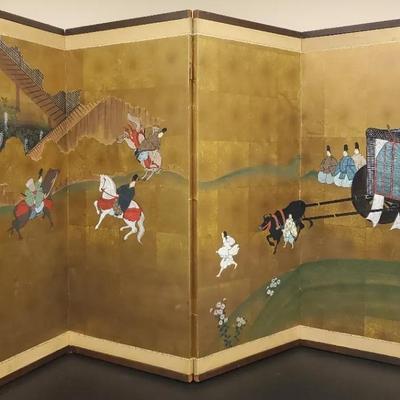 Four Panel Artist Signed Hand painted Screen, Wire For Wall Hanging