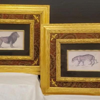 Jaguar & Lion Framed Ink Drawing Art Prints