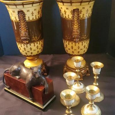 Grecian Style Urns, Lioness Pair Bookends Candle Holders