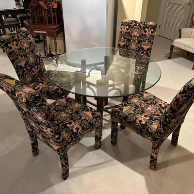 Vintage  Sherrill Furniture Baboo Style Glass Table With 4 Upholstered Side Chairs 