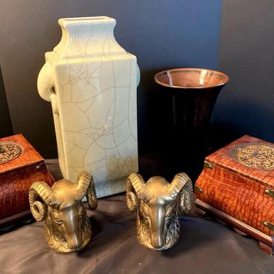Two Solid Brass Ram Head Bookends, Vases, Decorative Boxes