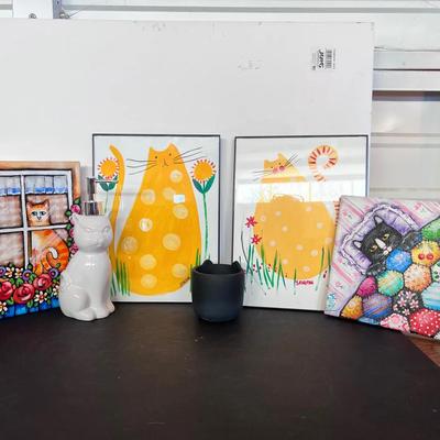 2 Cat Prints Framed Signed Sarah, Cat Lady Soap Dispenser, Cat Planter 