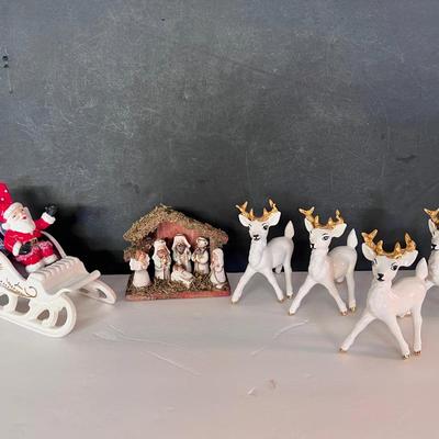 MCM Christmas Santa Sleigh Reindeer Holland Mold Ceramic, Small Nativity Scene