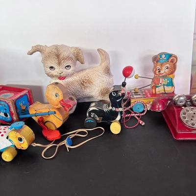 Vintage Fisher Price Wood Toys, Rubber Squeak Dog, Metal Play Phone  