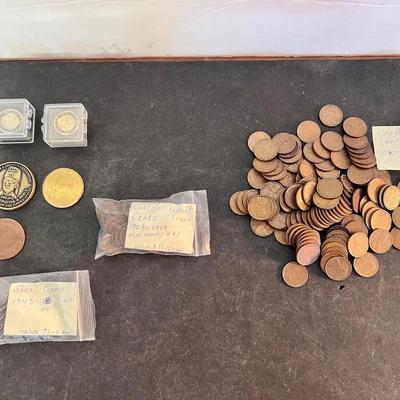 Lincoln Wheat Pennies 1909-1919 & 1940s, Steel Pennies 1943, Mason Lodge Coins & Pins
