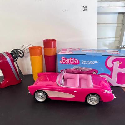 Barbie Popcorn Container Car, Tupperware Tumblers & Strainer 