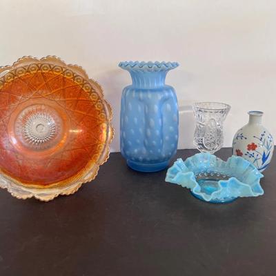 Marigold Carnival Glass Bowl, Polka Dot Ruffle Vase, Fenton Ruffle Opalescent Dish