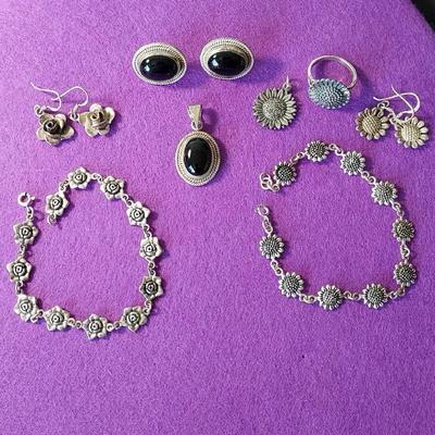 All 925-Onyx Earrings & Pendant, Sunflower Pendant Bracelet & Earrings, Rose Bracelet & Earrings 