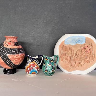 Pueblo Motif Vase Planter, 2 Mexican Pitchers Jug, Native American Snake Vase