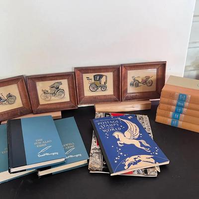 4 Framed Vintage Car Prints, Postage Stamp Book, Ernst Hemingway Books 