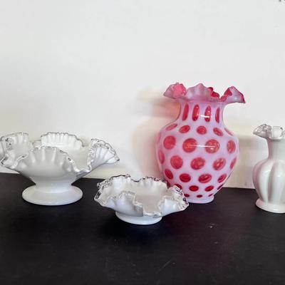 Pink Polka Dot Ruffle Vase, Silver Crest Ruffle Bowl & Footed Dish