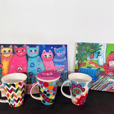 3 French Bull Coffee Mugs Chevron Dots Flowers , 2 Art Prints Cats 