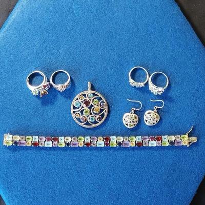 All 925 Multicolor Pendant Bracelet & Earrings, 3 Multicolor 925 Rings Sz 8 