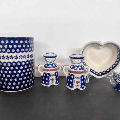Boleslawiec Polish Pottery Kitchen Utensil Crock, Heart Serving Dish, 2 Candlesticks 
