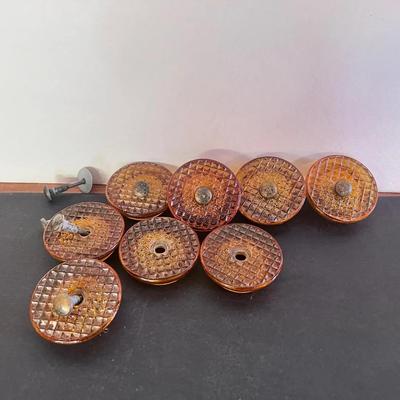 Antique Amber Glass Drawer Pulls Knobs (8) w/ Hardware