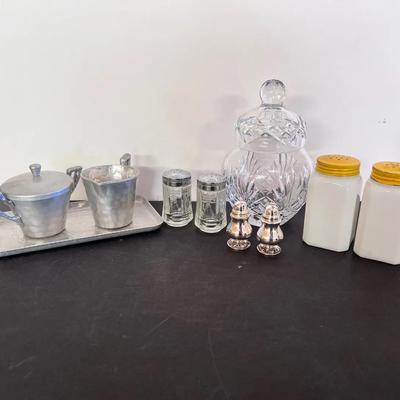 Crystal Ginger Jar, Milk Glass Salt Pepper Shakers, Hammered Metal Sugar/Creamer Tray