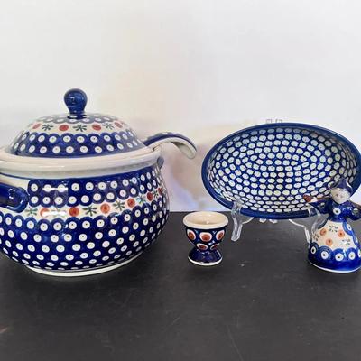 Boleslawiec Polish Pottery Tureen w/ Lid & Ladle, Oval Serving Dish, Girl Figure