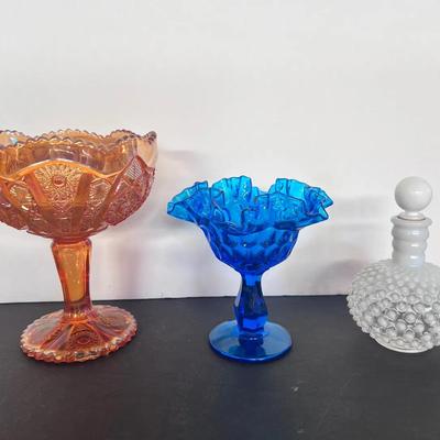 Marigold Carnival Glass Pedestal Dish, Ruffle Pedestal Blue Dish, Hobnail Decanter White