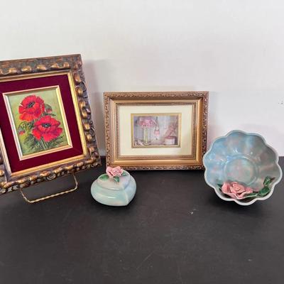 Framed Oil Painting Poppy, Victorian Shadow Box, Handmade Bowl & Trinket Dish 1949