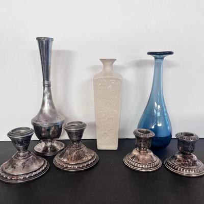 MCM Silverplate Ceramic & Glass Vases, 4 Weighted Sterling Candlesticks 