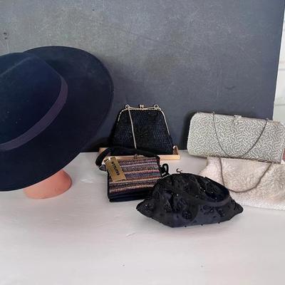 Wool Blue Hat w/ Ribbon,  NYT Lites Beaded Bag, Vintage Clutch Bags 