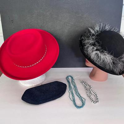 Cowgirl Red Wool Hat Bead Trim, Doeskin Wool Hat Feathers, Seed Bead Clutch Purse & 2 Necklaces 