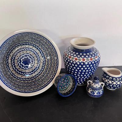 Boleslawiec Polish Pottery Large Serving Bowl & Vase, Peacock Lattice Pitcher, Cheese Lady Only