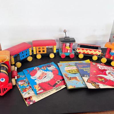 Fisher Price Pull String Wood Toy Train, 78 RPM Santa, 45 RPM Yogi Bear Snoopy