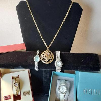 5 Watches-Seiko Quartz, Whiting & Davis Caravelle Necklace Watch, Fossil, Ecclissi Sterling Silver
