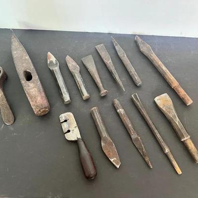 Primitive Blacksmith Tools Chisel Nails Forged Steel, Railroad Hammer Peen 